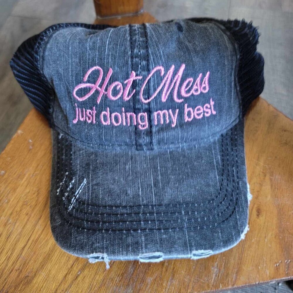 Distressed "Hot Mess Just Doing My Best" embroidered baseball hat with ponytail